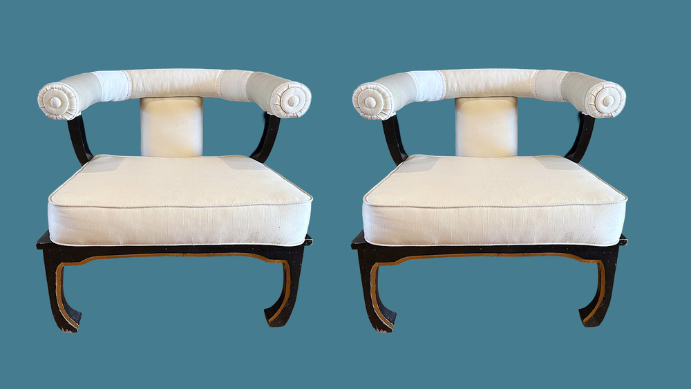Pair (2) of James Mont Style Asian Ming Chairs - Ivory and Black lacquer